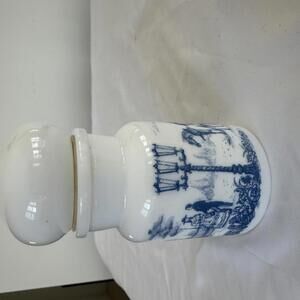 Vintage Milk Glass Apothecary Jar Belgium Blue & White Bubble Lid.